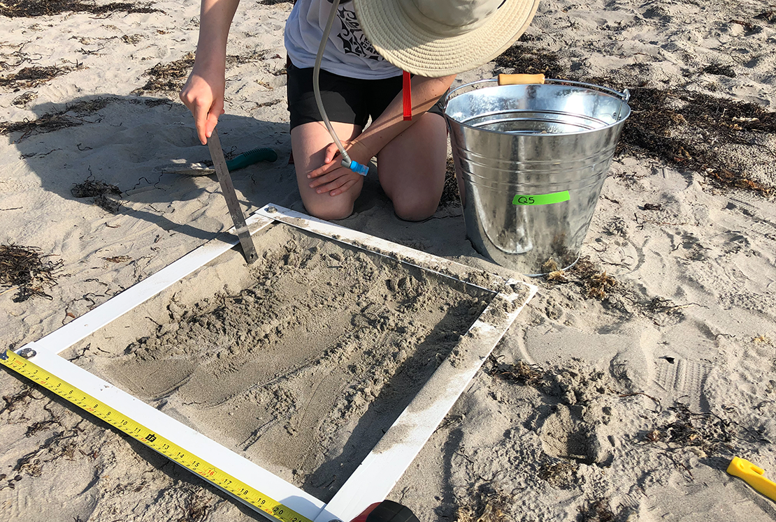 Léa Kirchhoff sampling beach sand for microplastics.