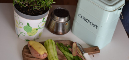 peeled vegetables and a compost bin