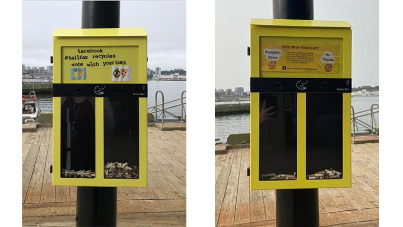 a cigarette dispenser bin that shows 2 options to vote with your cigarette butt