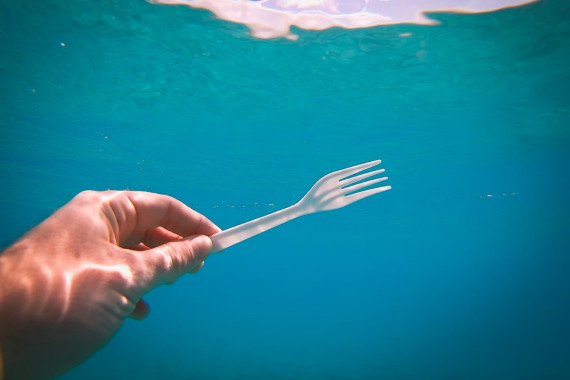 a hand holding a plastic fork in the ocean