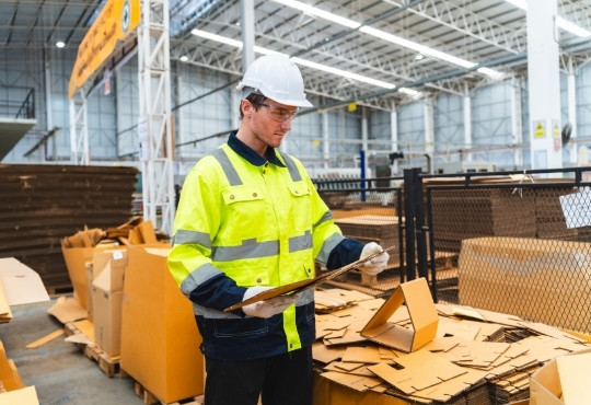 a person in safety gear at a warehouse