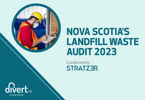Graphic with Divert NS logo and photo of man wearing a hard hat and face mask looking at a clipboard. Text says: Nova Scotia's Landfill Waste Audit 2023, Conducted by Stratzer