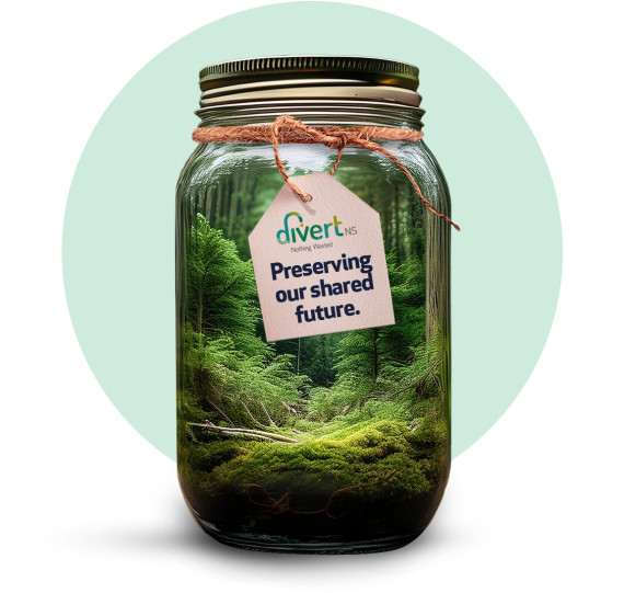 nature scene inside a mason jar with a tag that says preserving our shared future